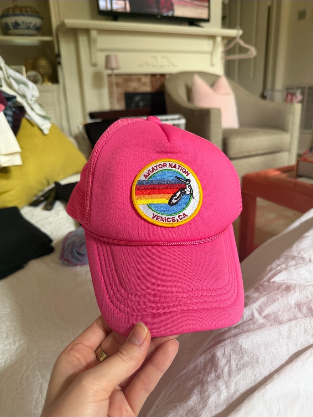 Aviator Nation Hot Pink Trucker Hat with Rainbow Venice Patch